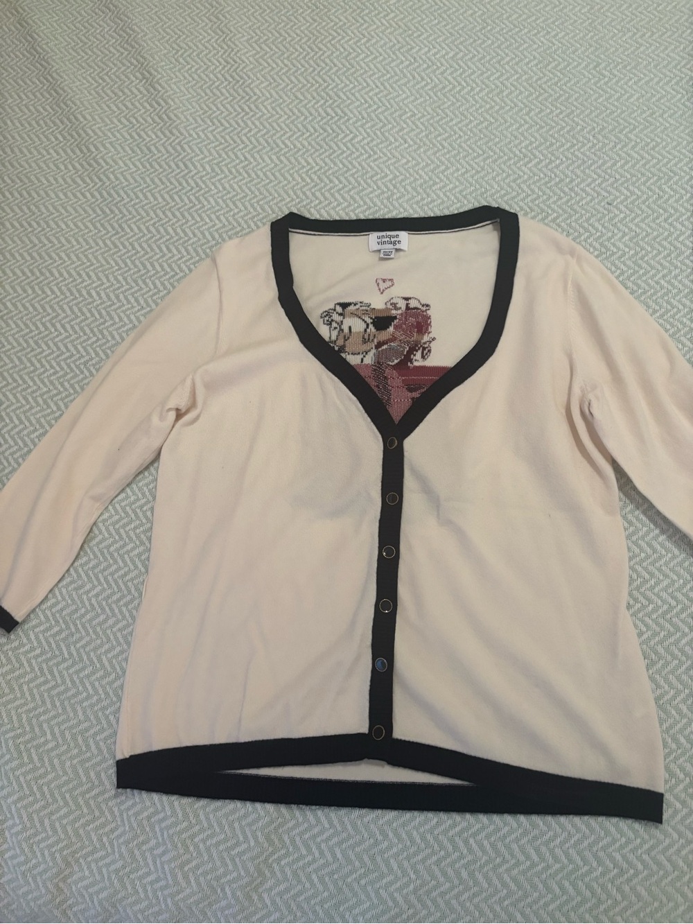 Unique Vintage Cream Cardigan with Black Trim